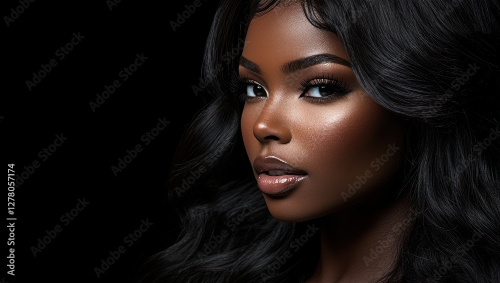 Fototapeta premium A close-up portrait of a beautiful black woman with long shiny hair and make-up . Haircare, beauty and cosmetics concept.