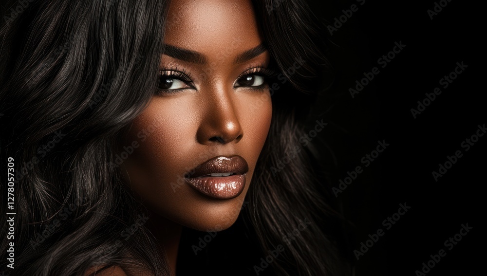Fototapeta premium A close-up portrait of a beautiful black woman with long shiny hair and make-up . Haircare, beauty and cosmetics concept.