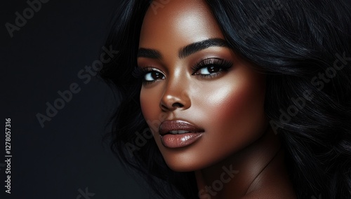 A close-up portrait of a beautiful black woman with long shiny hair and make-up . Haircare, beauty and cosmetics concept.