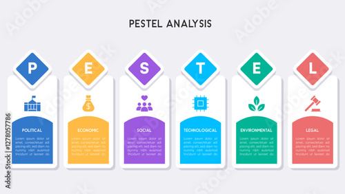 Colorful PESTEL Analysis Infographic with Business Icons and Diamond Labels