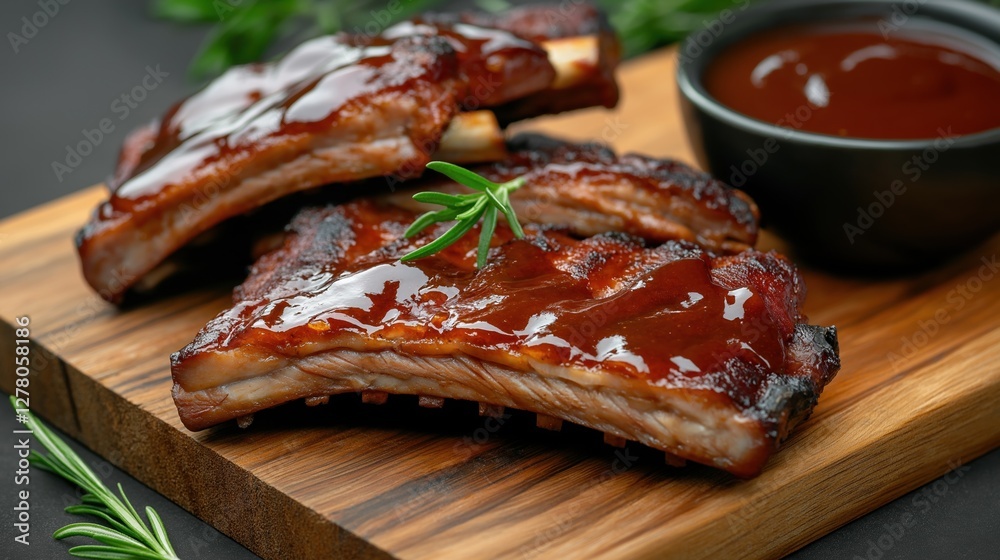 Wooden cutting board with several pieces of cooked ribs on it. the ribs are covered in a thick, red sauce with a glossy texture. Wooden cutting board with several pieces of cooked ribs on it. the ribs are covered in a thick, red sauce with a glossy texture.