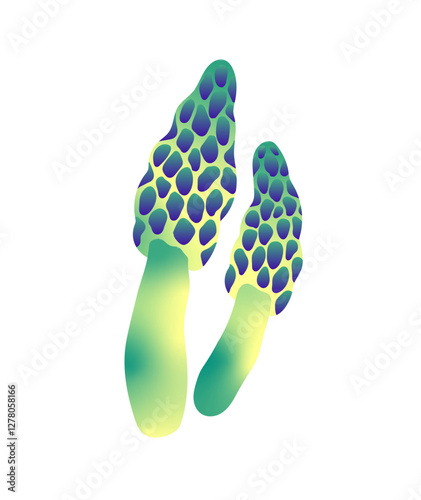 Icon of psychedelic mushrooms. Colourful hallucinogenic morels. Psilocybin boletus with sponge cap. Magic toxic fungus, abstract trippy fungi. Flat isolated vector illustration on white background