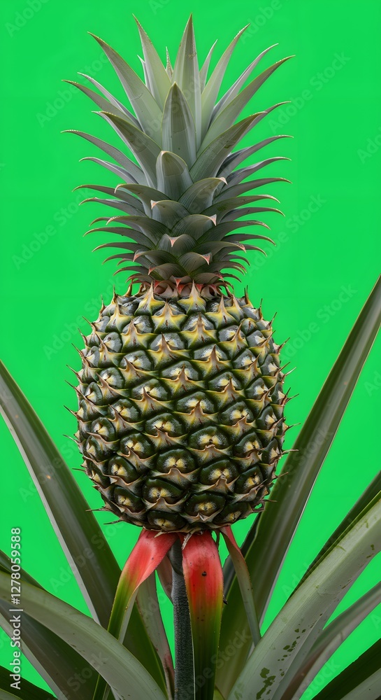 Fototapeta premium Close-up of Growing Pineapple Plant with Green Leaves on Green Background