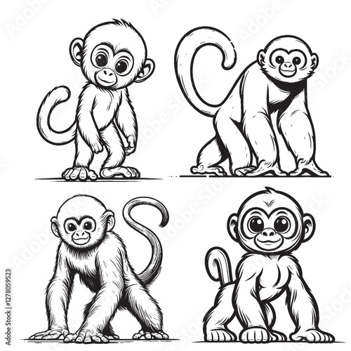 "High-Quality Cute Cartoonic Gibbon Standing Pose Vector Illustrations"