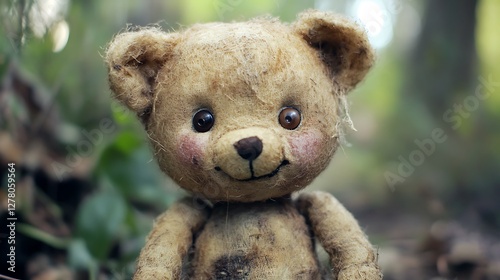 Handmade teddy bear with button eyes and a stitched smile