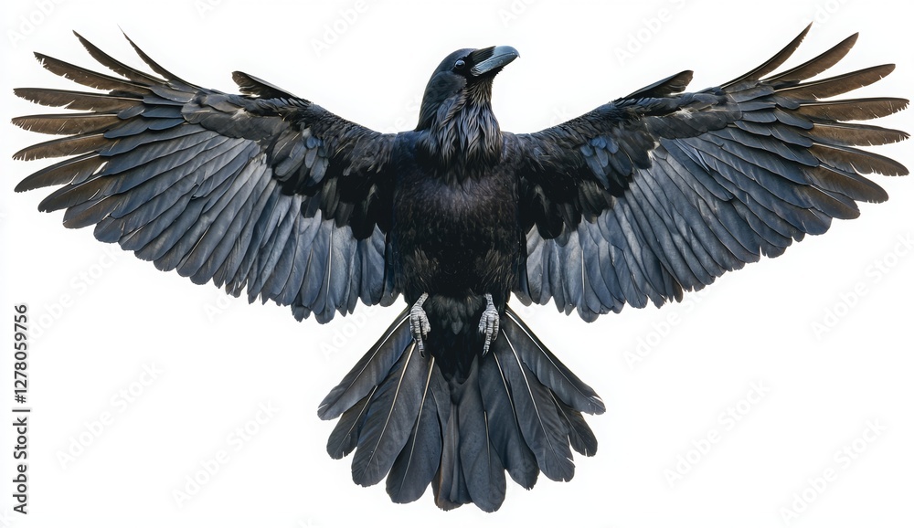 Fototapeta premium Majestic Raven Spreading Its Wings Against a White Background
