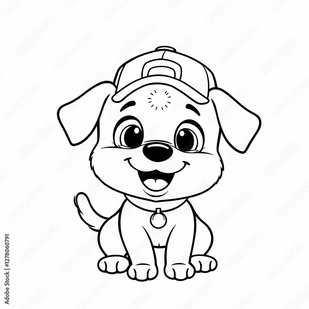 Cute Cartoon Puppy with Baseball Cap Black and White Line Drawing Adorable Dog Coloring Page Children's Book Illustration Vector Art Cute Cartoon Puppy with Baseball Cap Black and White Line Drawing Adorable Dog Coloring Page Children's Book Illustration Vector Art
