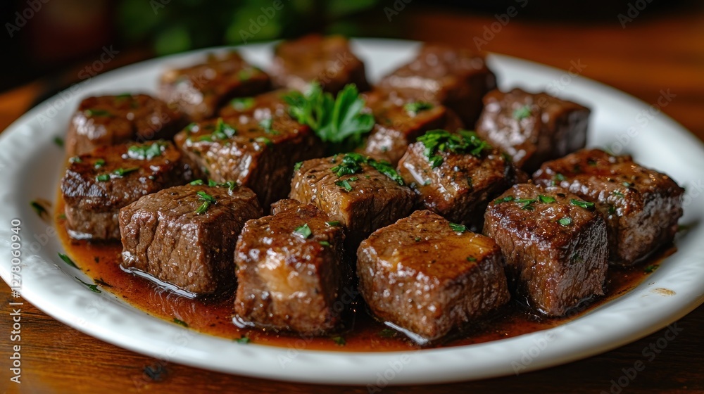 Saucy beef cubes, wooden table, garnish, close-up, recipe Saucy beef cubes, wooden table, garnish, close-up, recipe