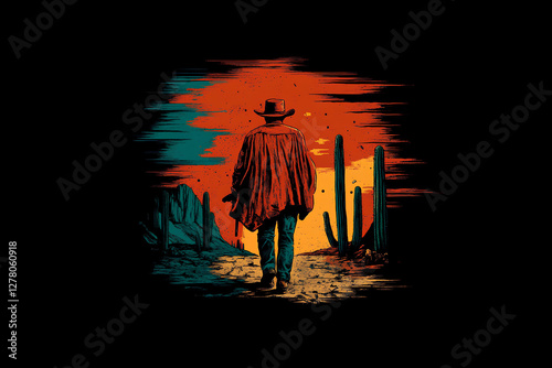 A vibrant vector illustration of a cowboy standing near a cactus with a beautiful sunset setting in the desert, capturing the essence of Western adventure and desert landscapes photo