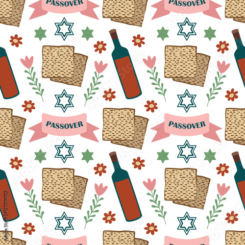 Passover seamless pattern. Wine, matzo, star of David and festive ribbon. Vector illustration for wrapping paper, greeting card, fabric, background
