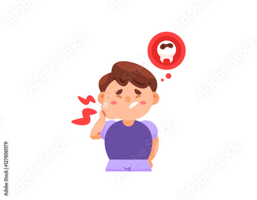 illustration of a boy whose cheek is swollen due to toothache. cavities. dental health conditions and problems. holding cheek and in pain. expression and gesture. flat style character design. elements