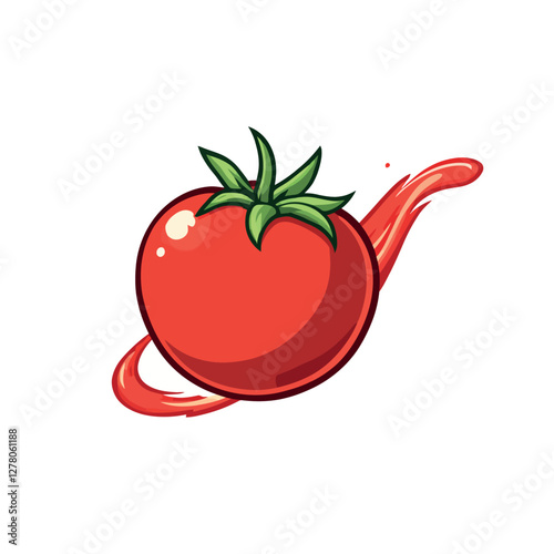 Vsai ripe red tomato surrounded by splashing tomato juice or sauce