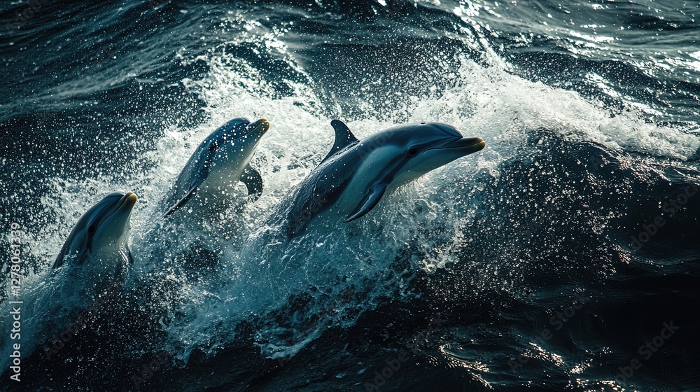 Fototapeta premium Playful dolphins swimming in sparkling ocean waves