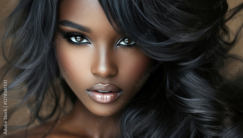 Obraz premium A close-up portrait of a beautiful black woman with long shiny hair and make-up . Haircare, beauty and cosmetics concept.