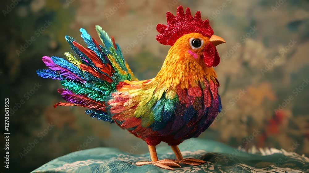 Fototapeta premium Hen plushie with rainbow glitter feathers