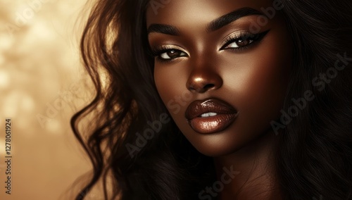 A close-up portrait of a beautiful black woman with long shiny hair and make-up . Haircare, beauty and cosmetics concept.