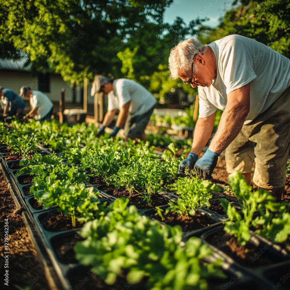 Fototapeta premium Senior volunteers tending community garden, sunny day. Use Charity promotion