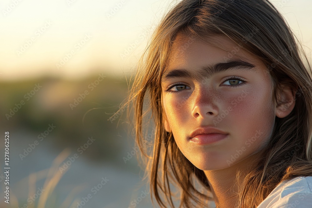 Young person with long hair enjoys a serene moment by the beach at sunset during the summer season Young person with long hair enjoys a serene moment by the beach at sunset during the summer season