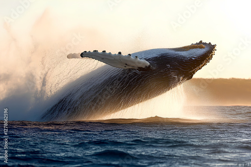 A magnificent humpback whale leaping out of the water, showcasing the power and grace of one of the ocean’s most awe-inspiring creatures photo