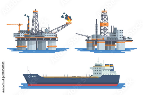 Vector Illustration of Offshore Oil Rig Bundle with Tanker Ship, Flat Style Design and Fully Editable.