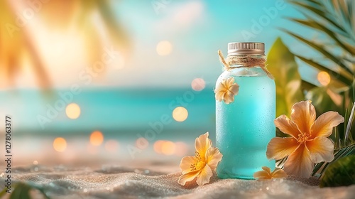 Photograph of a glowing neon blue illuminator cosmetic product in a frosted glass bottle reflecting the warm beach lighting with copy space for text overlay