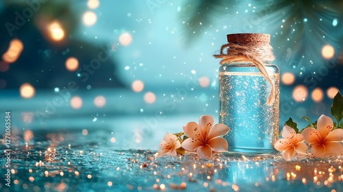 Photograph of a glow boosting neon blue illuminator product in a frosted glass bottle reflecting warm beach lights  The bottle s design and lighting create a radiant shimmering effect