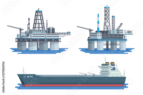 Vector Illustration of Offshore Oil Rig Bundle with Tanker Ship, Flat Style Design and Fully Editable.