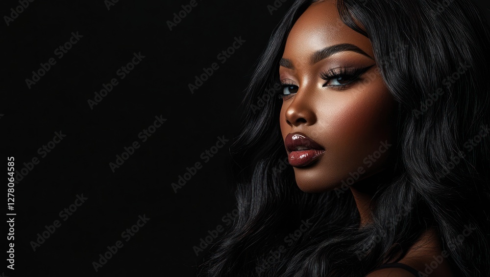 A close-up portrait of a beautiful black woman with long shiny hair and make-up . Haircare, beauty and cosmetics concept. A close-up portrait of a beautiful black woman with long shiny hair and make-up . Haircare, beauty and cosmetics concept.