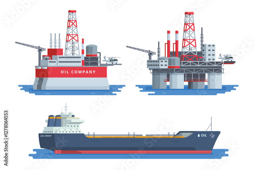 Vector Illustration of Offshore Oil Rig Bundle with Tanker Ship, Flat Style Design and Fully Editable.