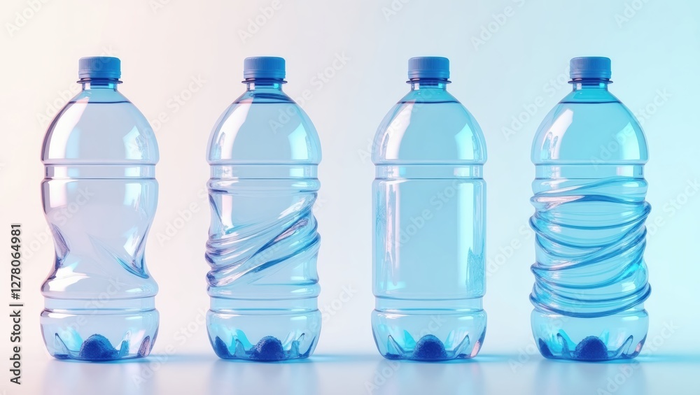 Four Clear Plastic Water Bottles with Different Designs and Textures Four Clear Plastic Water Bottles with Different Designs and Textures