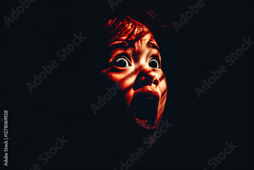 Eerie portrait of a young boy with a haunting expression, emerging from the darkness, creating a mysterious and unsettling atmosphere photo