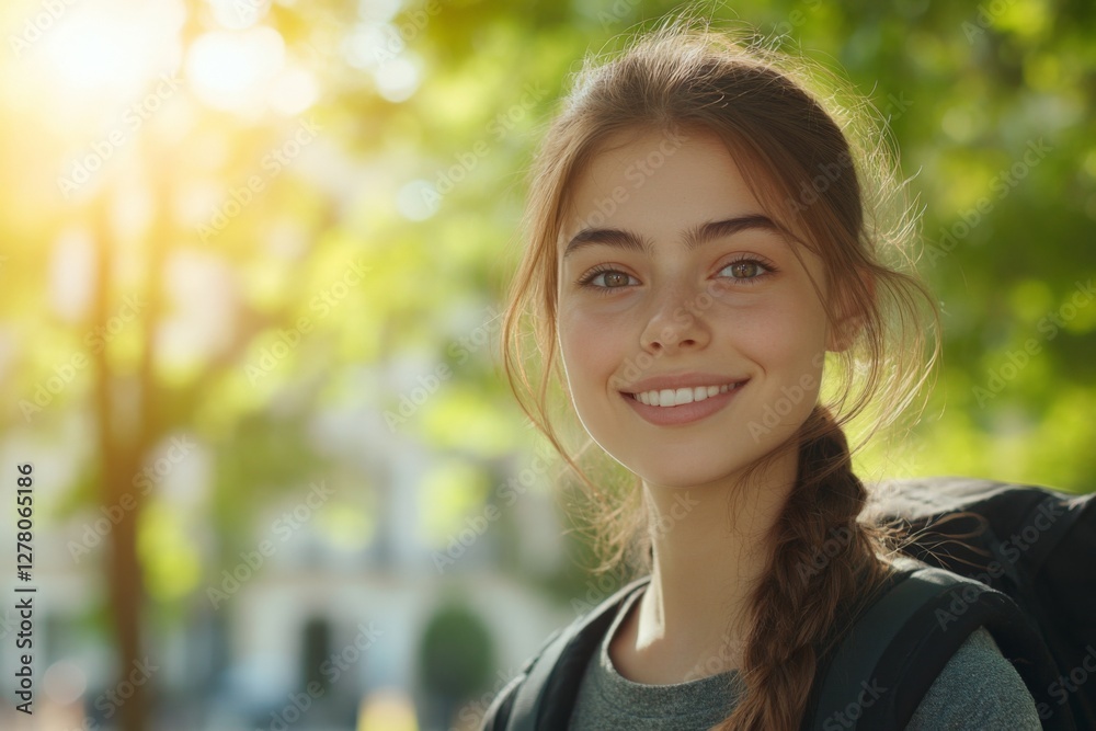 Young woman smiling outdoors in a sunlit park while wearing a backpack during the day Young woman smiling outdoors in a sunlit park while wearing a backpack during the day