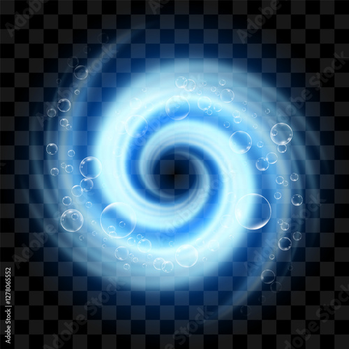 Washing and cleaning effect. Spinning blue vortex with air bubbles. Laundry spiral in motion. Vector effect on transparent background.