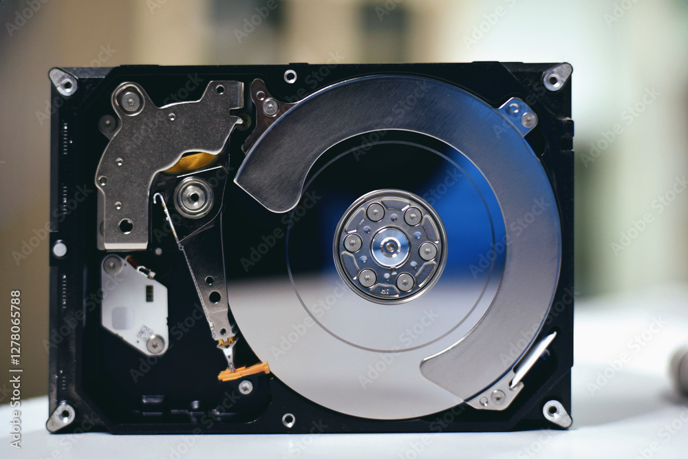 The internal components of a hard disk that include a platter and a needle for writing and reading data. The internal components of a hard disk that include a platter and a needle for writing and reading data.