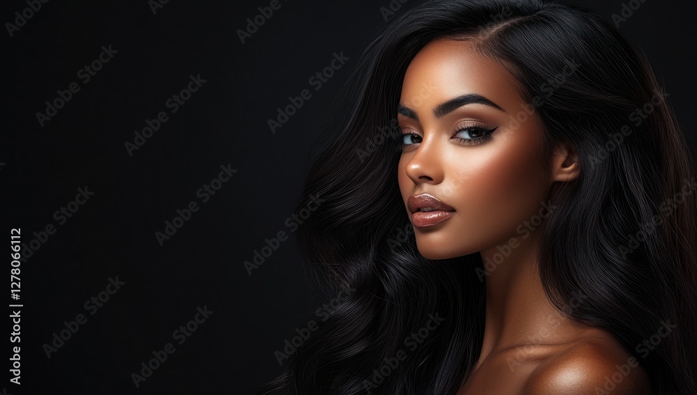 Fototapeta premium A close-up portrait of a beautiful black woman with long shiny hair and make-up . Haircare, beauty and cosmetics concept.