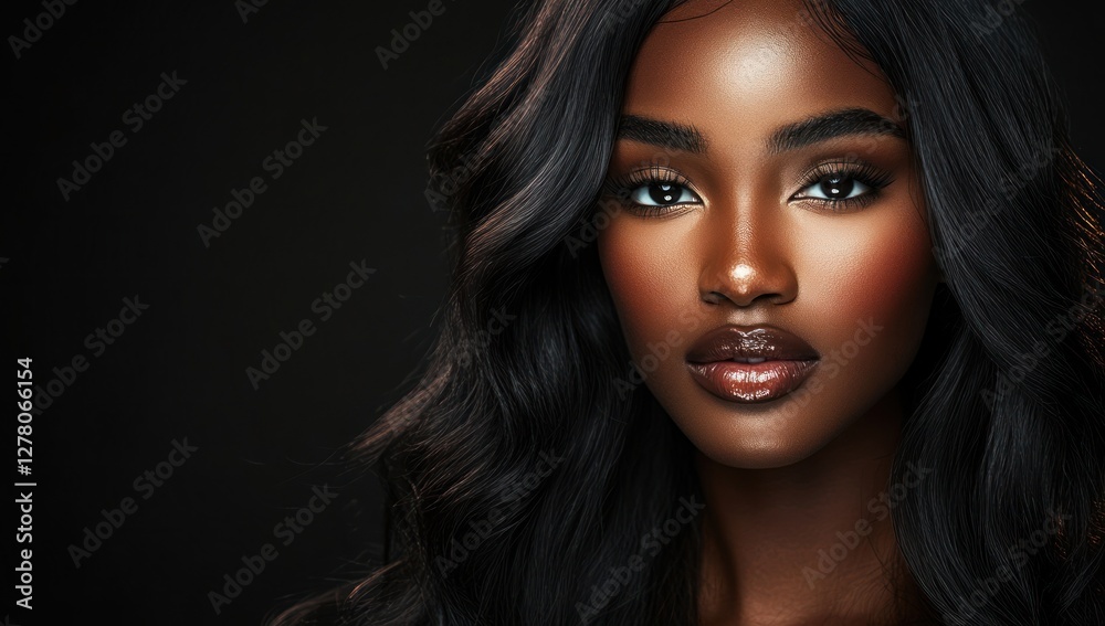 Fototapeta premium A close-up portrait of a beautiful black woman with long shiny hair and make-up . Haircare, beauty and cosmetics concept.