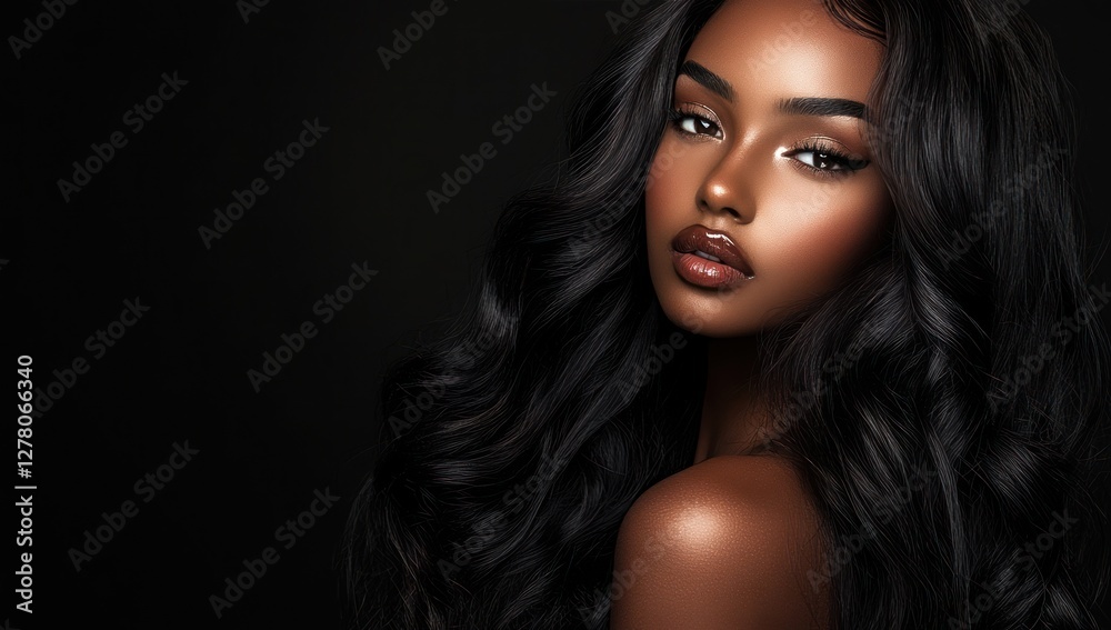 Fototapeta premium A close-up portrait of a beautiful black woman with long shiny hair and make-up . Haircare, beauty and cosmetics concept.