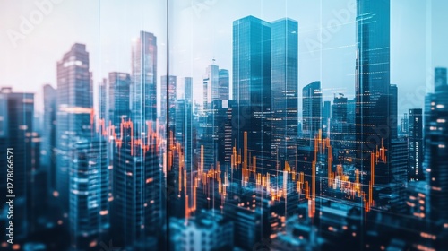 City skyline with tall modern office buildings and a transparent stock market graph overlay.