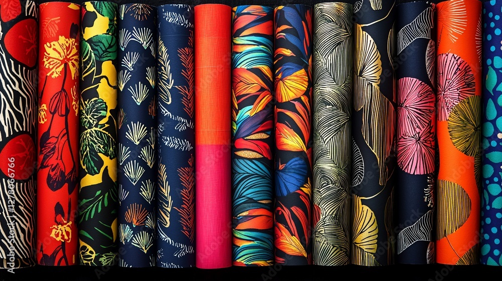 Rolled colorful fabric bolts with various tropical and floral prints. Rolled colorful fabric bolts with various tropical and floral prints.