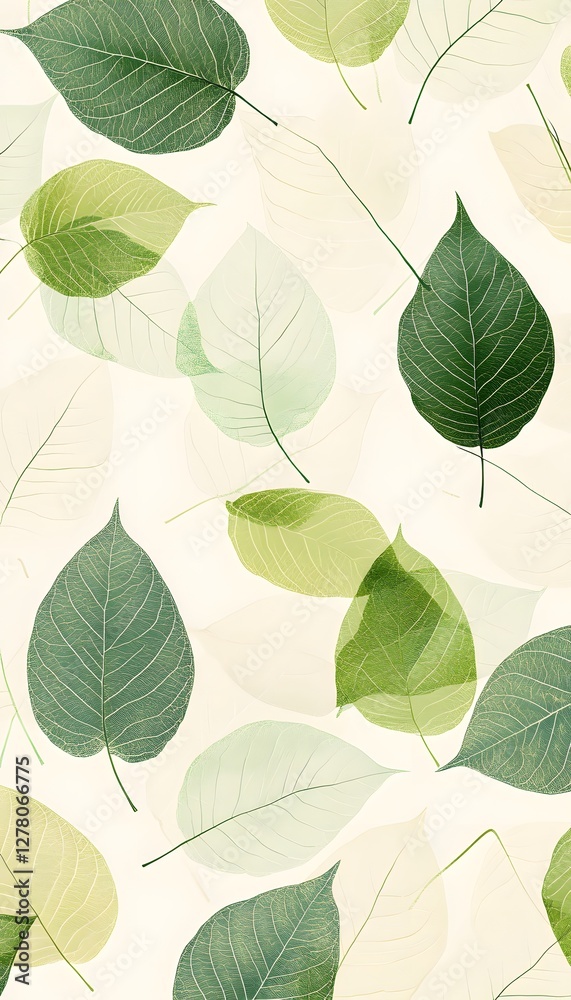 Fototapeta premium Green leaves of various shapes and colors are arranged randomly