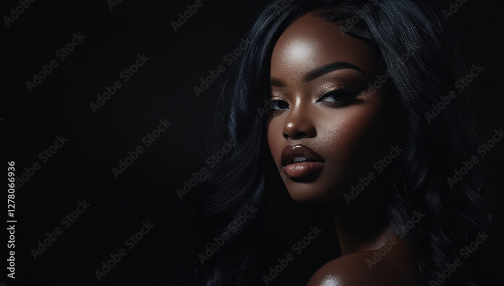 A close-up portrait of a beautiful black woman with long shiny hair and make-up . Haircare, beauty and cosmetics concept. A close-up portrait of a beautiful black woman with long shiny hair and make-up . Haircare, beauty and cosmetics concept.