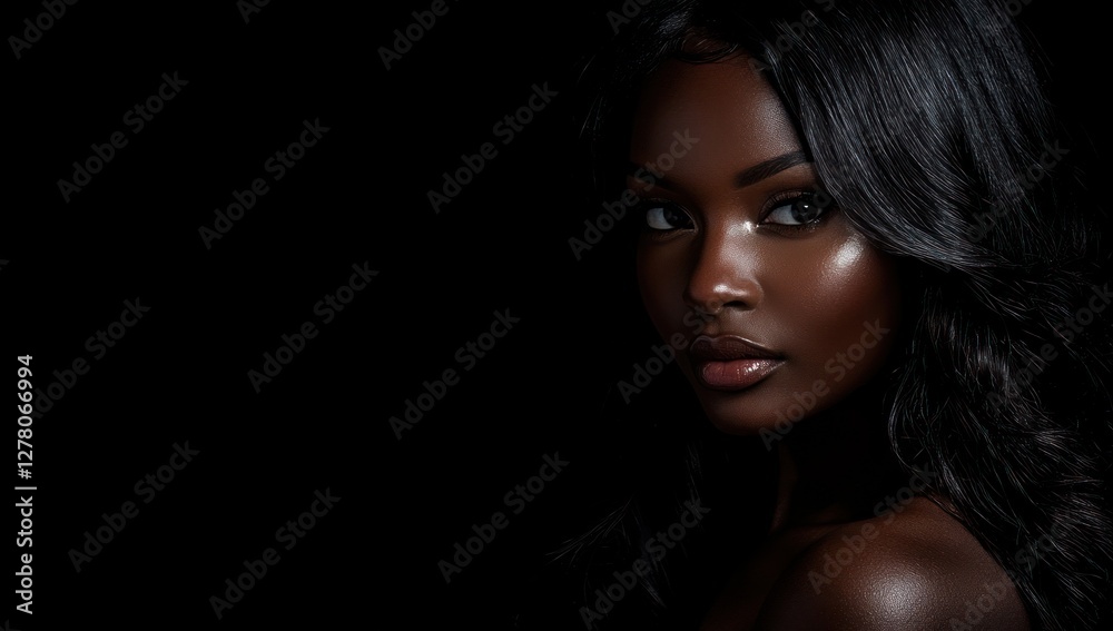 A close-up portrait of a beautiful black woman with long shiny hair and make-up . Haircare, beauty and cosmetics concept. A close-up portrait of a beautiful black woman with long shiny hair and make-up . Haircare, beauty and cosmetics concept.