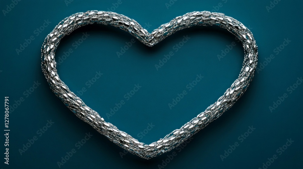 Fototapeta premium Silver heart shape on teal background