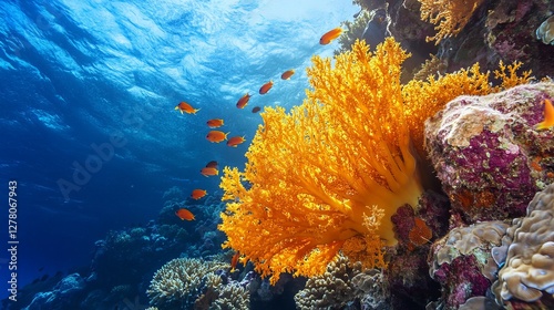 Bright coral reef at the tropical sea bottom featuring yellow porites coral photo