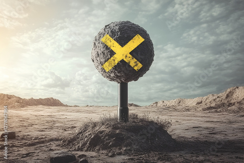 A conceptual image featuring a virus symbol painted on a concrete pole, creating a striking and thought-provoking visual representing health and danger photo