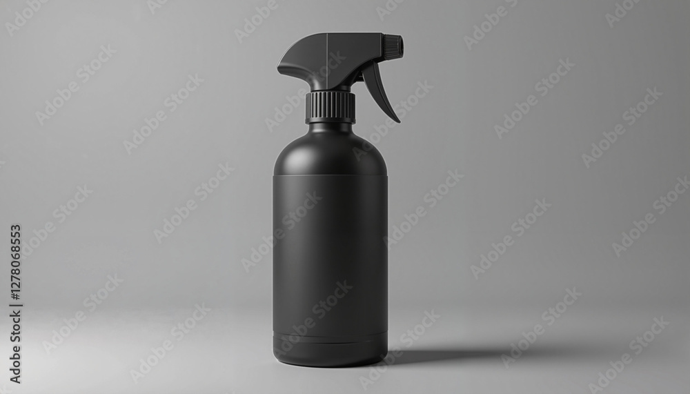 A realistic spray bottle mockup featuring a sleek black design, perfect for branding household products or cosmetic sprays. The minimalist style and soft shadows create a professional polished look