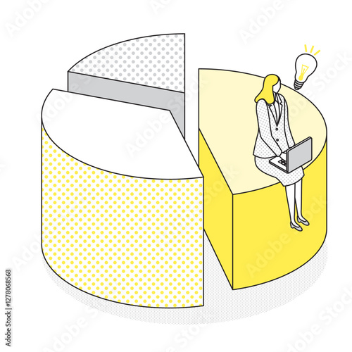 パイチャートと女性ビジネスパーソンのアイソメトリックイラスト