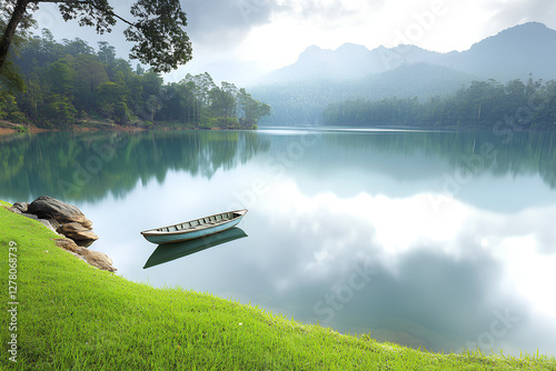 A serene boat drifting on a misty lake in the early morning, with mountains looming in the background, creating a peaceful and atmospheric scene photo