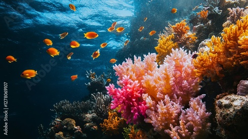 Fototapeta Naklejka Na Ścianę i Meble -  Deepsea environment featuring living flowerlike corals and reef colors under dark ocean waters