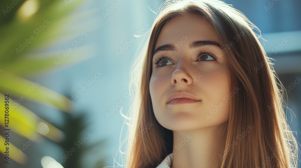 Young fair-skinned woman with straight hair, exuding confidence in a vibrant urban setting. Young fair-skinned woman with straight hair, exuding confidence in a vibrant urban setting.